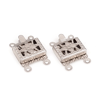 304 Stainless Steel Box Clasps, 2-Strand, 4-Hole, Rectangle with Flower, Stainless Steel Color, 15x10x3mm, Hole: 1mm
