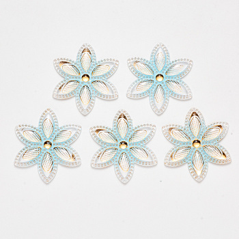 Transparent Acrylic Links connectors, with Plated Bottom, Flower, Light Sky Blue, 46x40.5x4mm, Hole: 1mm