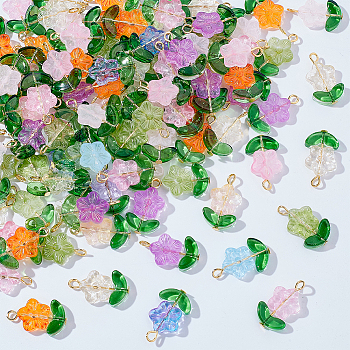 100Pcs Glass Pendants, Flower, with Golden Iron Loops, Mixed Color, 24x14x4.5mm, Hole: 2.5mm