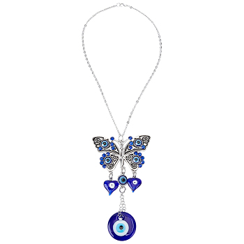 Handmade Lampwork Turkish Evil Eyes Pendant Decorations, Alloy Butterfly Hanging Ornaments, Antique Silver, 410mm
