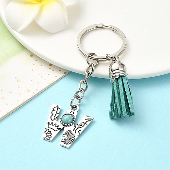 Alloy with Resin Imitation Synthetic Turquoise Keychain, with Tassel Pendant and Iron Rings, Letter W, 8cm, Pendant: 25~35mm