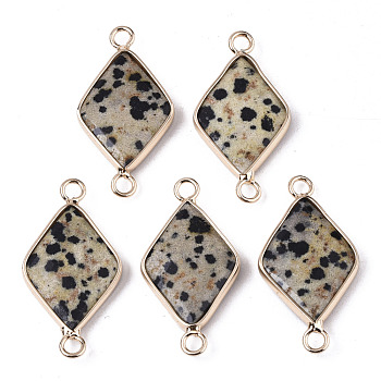 Natural Dalmatian Jasper Links Connectors, with Edge Light Gold Plated Brass Findings, Faceted, Rhombus, 29~30x15x4mm, Hole: 2.5mm