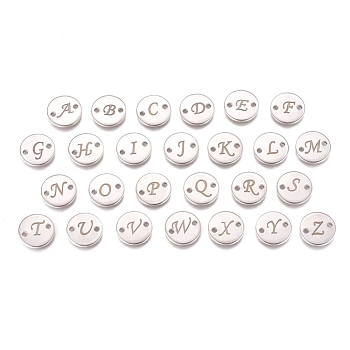 304 Stainless Steel Links, Flat Round with Initial Letter, Stainless Steel Color, 10x1mm, Hole: 1.2mm, 26pcs/set