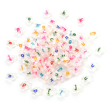 Transparent Clear Acrylic Beads, Horizontal Hole, Flower with Random Letter, Mixed Color, 11x11x4mm, Hole: 1.8mm, 100pcs/set