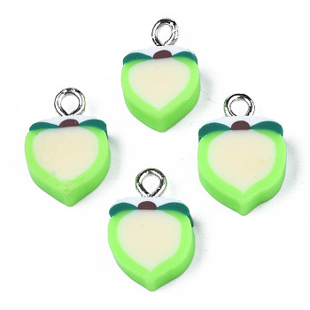 Handmade Polymer Clay Charms, with Platinum Tone Iron Loop, Imitation Fruit, Peach, Pale Green, 13~16x8~10x4~5mm, Hole: 1.8~2mm