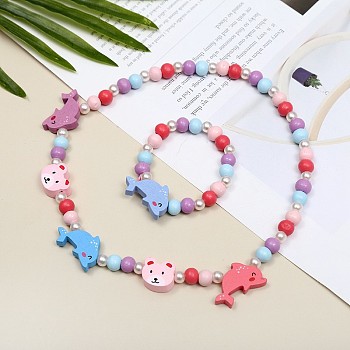 Plastic & Wood Beaded Necklaces & Beaded Bracelets Sets, Kid Jewelry Sets, Dolphin, 450mm & 140mm