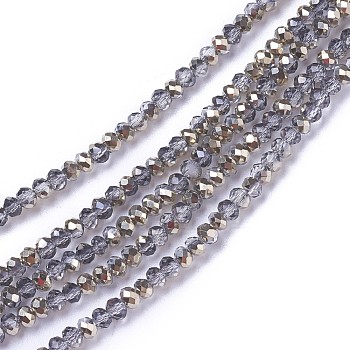 Electroplate Glass Beads Strands, Half Plated, Faceted, Rondelle, Dark Gray, 2.5~3x3~3.5mm, Hole: 1.2mm, about 135~140pcs/strand, 17.9 inch~18.1 inch
