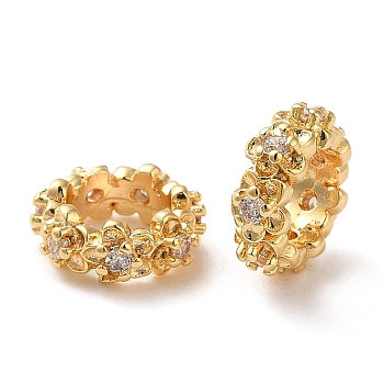 Brass Micro Pave Cubic Zirconia European Style Beads, Large Hole Beads, Ring with Flower, Real 18K Gold Plated, 9.5x4mm, Hole: 5.5mm