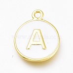Brass Enamel Pendants, Long-Lasting Plated, Golden, White, Flat Round, Letter.A, 16.5x13x2mm, Hole: 1.5mm(KK-H103-01A-G)