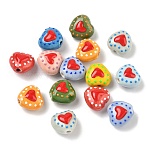 Heart Pattern Handmade Porcelain Enamel Beads, Hand Painted Ceramic Beads, Heart, Famille Rose Porcelain, Mixed Color, 15.5x16~16.5x10.5~11mm, Hole: 1.8~2mm(X-PORC-G016-03)