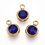201 Stainless Steel Rhinestone Charms, Flat Round, Real 18K Gold Plated, Sapphire, 8.5x6x3.5~4mm, Hole: 1.5~1.6mm(STAS-S068-16G)