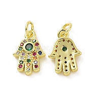 Brass Micro Pave Colorful Cubic Zirconia Charms, with Jump Ring, Hamsa Hand/Hand of Fatima/Hand of Miriam, Real 18K Gold Plated, 14x10x2.5mm, Hole: 3.2mm(KK-E068-VF085)
