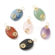 6Pcs Natural Mixed Gemstone Copper Wire Wrapped Pendents, Oval Charms, Light Gold, 17.5~18x10x4~5mm, Hole: 2mm(PALLOY-JF02143)