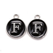 Platinum Plated Alloy Charms, Cadmium Free & Lead Free, with Enamel, Enamelled Sequins, Flat Round with Letter, Letter.F, 14x12x2mm, Hole: 1.5mm(ENAM-S118-02F-P)