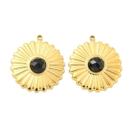 Vacuum Plating 304 Stainless Steel Pendants, Faceted Natural Black Onyx(Dyed & Heated) Flower Charms, Real 18K Gold Plated, 24x22x4.5mm, Hole: 1.5mm(STAS-L278-121G-01)