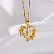 304 Stainless Steel Heart Pendant Necklaces with Cubic Zirconia, Letter Charms, Letter P, 16.54 inch(42cm)(NJEW-H029-01G-P)