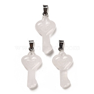 Natural Quartz Crystal Pendants, Rock Crystal Pendants, with Platinum Plated Iron Snap on Bails, Heart Shaped Key Charms, 38~39x18~19x7~8mm, Hole: 7.5x3mm(G-M424-01P-05)