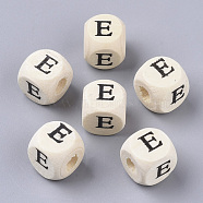 Printed Natural Wood Beads, Horizontal Hole, Cube with Initial Letter, PapayaWhip, Letter.E, 10x10x10mm, Hole: 3.5mm, about 1000pcs/500g(WOOD-T026-001E)