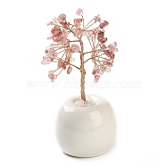 Natural Strawberry Quartz Chips Tree of Life Decorations, Round Porcelain Base with Copper Wire Feng Shui Energy Stone Gift for Home Office Desktop Decoration, 57x113~129mm(DJEW-C016-02C)