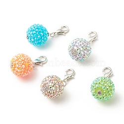 AB-color Resin Rhinestone Pendant Decorates, with Alloy Beads & Zinc Alloy Lobster Claw Clasps, Round, Mixed Color, 40mm(HJEW-JM00610)