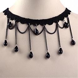 Gothic Style Vintage Lace Choker Necklaces, with Iron Chains, Glass Beads, Black, 12.9 inch(NJEW-Q291-31)