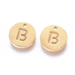 304 Stainless Steel Charms, Ion Plating (IP), Flat Round, Letter.B, 10x1.5mm, Hole: 1mm(STAS-F227-11B-G)