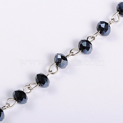 Handmade Rondelle Glass Beads Chains for Necklaces Bracelets Making, with Platinum Iron Eye Pin, Unwelded, Black, 39.3 inch, Beads: 6x4.5mm(AJEW-JB00038-03)