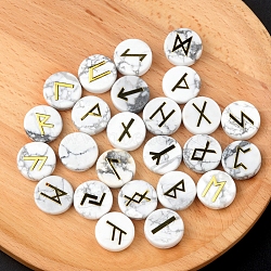 Tumbled Natural Howlite with Carved Rune Words, Divination Stone, Flat Round, 16~19x6~7mm(PW-WG60219-05)