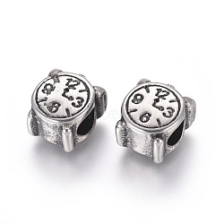 304 Stainless Steel European Beads, Large Hole Beads, Clock, Antique Silver, 12x10x7.5mm, Hole: 4.5mm(STAS-G204-29AS)
