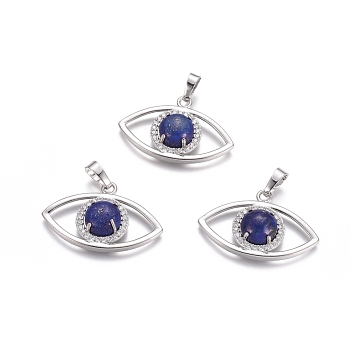 Natural Lapis Lazuli Pendants, with Platinum Tone Brass Findings and Crystal Rhinestone, Eye, Dyed, 21.5x33.3x7.5mm, Hole: 7x5mm