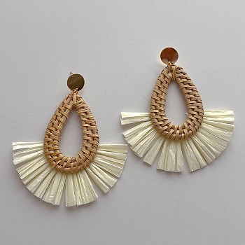 Teardrop with Fan Alloy Rattan Dangle Stud Earrings, with Raffia & Grass, Golden, Camel, 90mm