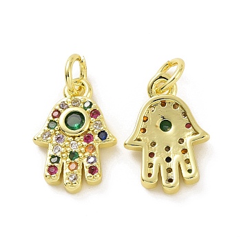 Brass Micro Pave Colorful Cubic Zirconia Charms, with Jump Ring, Hamsa Hand/Hand of Fatima/Hand of Miriam, Real 18K Gold Plated, 14x10x2.5mm, Hole: 3.2mm