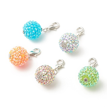 AB-color Resin Rhinestone Pendant Decorates, with Alloy Beads & Zinc Alloy Lobster Claw Clasps, Round, Mixed Color, 40mm