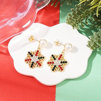 Snowflake ABS Plastic Pearl & Rhinestone Stud Earrings, Christmas Alloy Dangle Earrings, Golden, 34x19mm