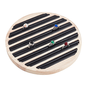 8-Slot Wood Finger Ring Display Plate, Ring Organizer Holder Covered by Imitation Leather, Flat Round, Black, 20x1.7cm