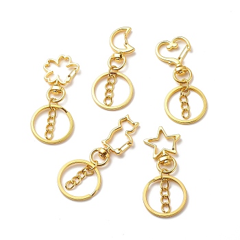 Alloy Swivel Keychain Clasps, with Iron Split Key Rings, Flower & Cat & Heart & Moon & Star, Mixed Shape, Golden, 61~69mm