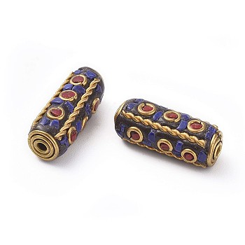 Handmade Indonesia Beads, with Brass Findings, Nickel Free, Unplated, Column, Blue, 25~26x10mm, Hole: 2mm