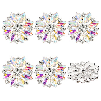 6Pcs 1-Hole Alloy Rhinestone Shank Buttons, with Glass, Flower, Crystal AB, 27.5x9.5mm, Hole: 1.4mm