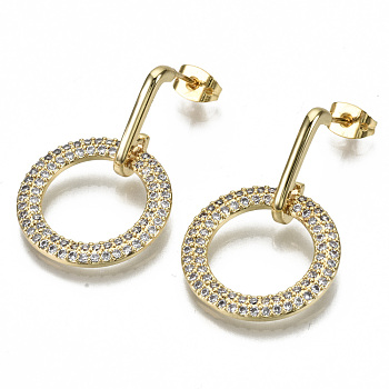 Brass Micro Pave Clear Cubic Zirconia Dangle Stud Earrings, with Earring Backs, Nickel Free, Ring, Real 16K Gold Plated, 31.5mm, Pin: 0.8mm