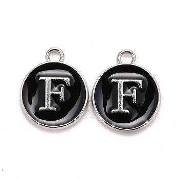 Platinum Plated Alloy Charms, Cadmium Free & Lead Free, with Enamel, Enamelled Sequins, Flat Round with Letter, Letter.F, 14x12x2mm, Hole: 1.5mm