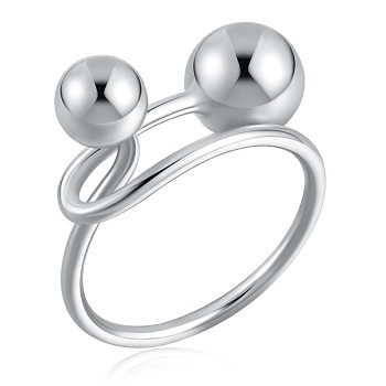 Rhodium Plated 925 Sterling Silver Double Balls Cuff Ring for Women, Platinum, US Size 5 1/4(15.9mm)