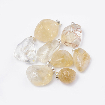 Natural Citrine Pendants, with Brass Findings, Nuggets, Platinum, 19~28x14~23x10~17mm, Hole: 5.5x2mm