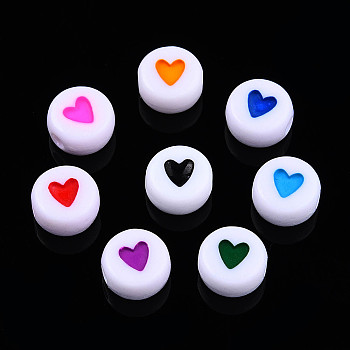 Opaque Acrylic Beads, with Enamel, Flat Round with Heart, Mixed Color, 7x3.5mm, Hole: 1.2mm