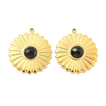 Vacuum Plating 304 Stainless Steel Pendants, Faceted Natural Black Onyx(Dyed & Heated) Flower Charms, Real 18K Gold Plated, 24x22x4.5mm, Hole: 1.5mm