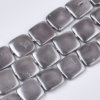 Shell Pearl Beads Strands, Spray Painted, Square, Gray, 14~15x14~15x3~4mm, Hole: 0.8mm, about 25pcs/Strand, 14.96 inch