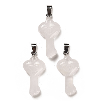Natural Quartz Crystal Pendants, Rock Crystal Pendants, with Platinum Plated Iron Snap on Bails, Heart Shaped Key Charms, 38~39x18~19x7~8mm, Hole: 7.5x3mm