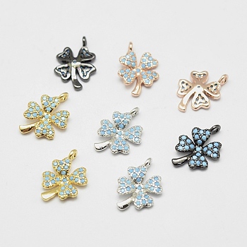 Brass Micro Pave Grade AAA Cubic Zirconia Charms, Clover, Cadmium Free & Nickel Free & Lead Free, Mixed Color, 14x10x2mm, Hole: 1.5mm