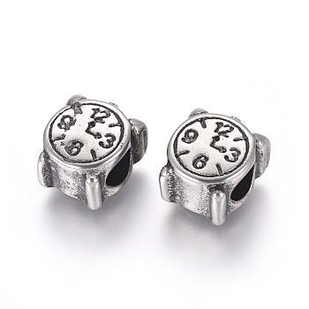 304 Stainless Steel European Beads, Large Hole Beads, Clock, Antique Silver, 12x10x7.5mm, Hole: 4.5mm