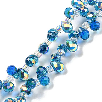 Electroplate Transparent Glass Beads Strands, AB Color Plated, Faceted Teardrop, Top Drilled, Dodger Blue, 6x4mm, Hole: 0.8mm, about 97~102pcs/strand, 10.63''~14.80''(27~37.6cm)