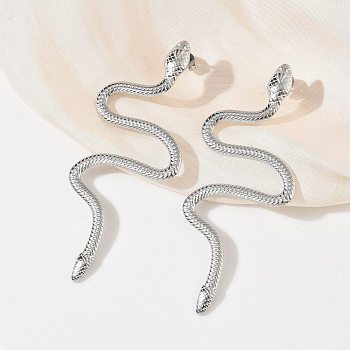 304 Stainless Steel Stud Earrings for Women, Snake, Stainless Steel Color, 76x31mm
